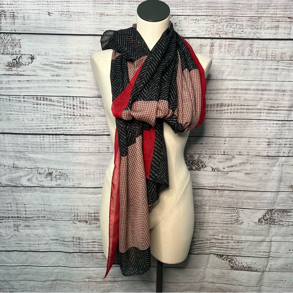 Joy Susan Black Red Gray Scarf 37" x 70" Rectangle Blanket Scarf Lagenlook Boho